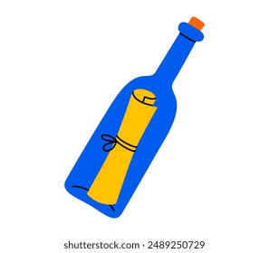 Hand drawn cute cartoon illustration of letter in bottle. Flat vector secret message in doodle style. Help or sos note icon or print. Hope for salvation. Sea communication. Isolated.