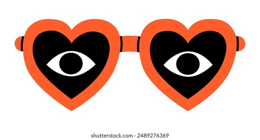 Hand drawn cute cartoon illustration of heart shaped glasses with eyes. Flat vector first sight love doodle. Rose-colored vision icon. Valentine's Day print. Searching for relationship. Isolated.