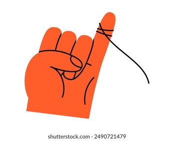 Hand drawn cute cartoon illustration hand with broken red thread. Flat doodle vector rope tied on little finger. Relationship problem icon. Divorce, quarrel, breaking up print. Isolated.