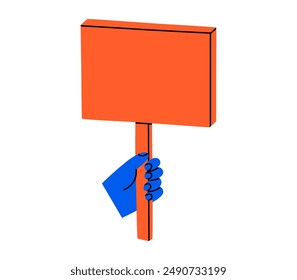 Hand drawn cute cartoon illustration hand with blank strike banner. Flat vector arm holding sign board sticker in doodle style. News alert icon. Communication speaker. Social protest. Isolated.