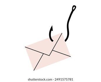 Hand drawn cute cartoon illustration of fishing hook with mail. Flat vector online virus letter in doodle style. Theft crime icon or print. Fraud scam email message. Phishing attack. Isolated.