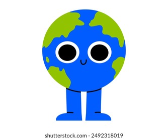Hand drawn cute cartoon illustration planet Earth smiling face character. Flat vector Earth day, environment mascot with legs doodle style. Ecology sticker, icon. Education or nature science. Isolated