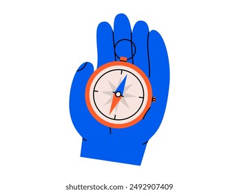 Hand drawn cute cartoon illustration hand with compass. Flat vector doodle direction choice. Business planning icon. Navigation guide. Strategy solution. Way decision. Searching opportunity. Isolated.