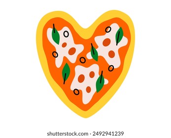 Handgezeichnete niedliche Cartoon-Illustration der herzförmigen Pizza. 14. Februar. Flache Vektorgrafik Date Dinner im farbigen Doodle-Stil. Valentinstag italienisches Essen Ikone oder Druck. Romantisches Ereignis. Isoliert.