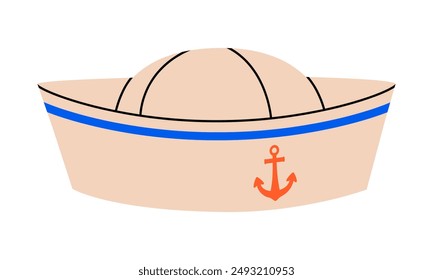 Handgezeichnete niedliche Cartoon-Illustration Seemütze mit Anker. Flache Vektorgrafik Marine Uniform Cap Doodle Stil. Kopfbedeckung für Schiff oder Boot Seemann Symbol oder Druck. Ferien oder Urlaub Sommerkostüm. Isoliert.