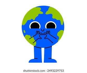 Hand drawn cute cartoon illustration planet Earth character. Flat vector Earth day, environment mascot makes heart with arms doodle style. Ecology sticker, icon. Education or nature science. Isolated