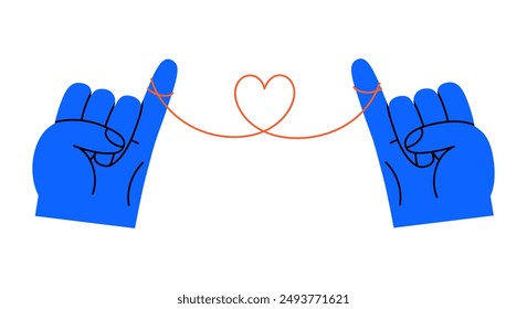 Hand drawn cute cartoon illustration two hands with red thread in heart shape. Flat vector rope tied on little finger doodle style. Family ties icon. Love romantic couple print. Forever bond. Isolated