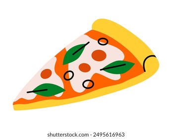 Dibujado a mano linda ilustración de dibujos animados rebanada de pizza. Comida rápida. Vector plano estilo doodle de color de cena poco saludable. Icono o impresión de cocina italiana. Trastorno alimentario. Comer comida chatarra en exceso. Aislado.