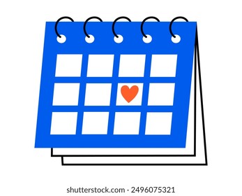 Hand drawn cute cartoon illustration of calendar with heart on 14 February. Flat vector date planning in colored doodle style. Valentines day reminder icon or print. Romantic event schedule. Isolated.