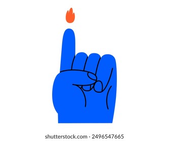 Hand drawn cute cartoon illustration hand with fire from finger. Flat vector burn superpower sticker doodle. Magic mystic flame icon. Inspiration for creativity. Idea or startup creator. Isolated.