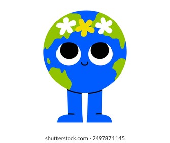 Hand drawn cute cartoon illustration planet Earth character with flower wreath. Flat vector Earth day, environment mascot doodle style. Ecology sticker, icon. Education or nature science. Isolated.