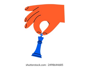 Hand drawn cute cartoon illustration of hand with king. Flat vector chess figure in arm doodle style. High ambitions. Strategy or intelligence icon. Tactic thinking. Board game. Isolated.