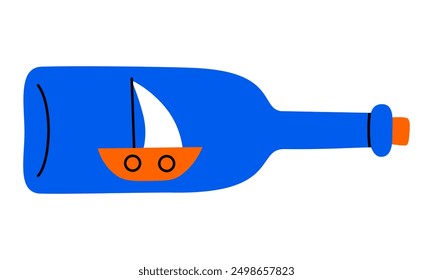 Hand drawn cute cartoon illustration of ship in bottle. Flat vector boat model miniature in doodle style with outline. Souvenir or keepsake icon or print. Memory gift. Travel flashback. Isolated.