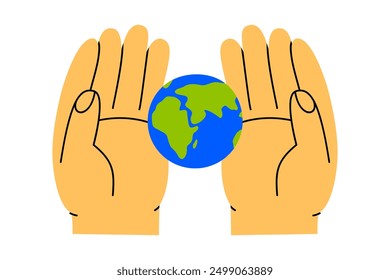 Hand drawn cute cartoon illustration of hands holding planet Earth in palms. Flat vector eco-friendly concept in doodle style. Ecology protection sticker, icon. Education or nature science. Isolated.