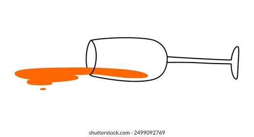 Hand drawn cute cartoon illustration fallen wineglass with spilled wine. Flat vector alcohol splash doodle style. Alcoholism or heavy drinking. System network error icon. Not found mistake. Isolated.