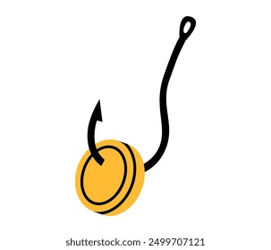 Hand drawn cute cartoon illustration of fishing hook with coin. Flat vector cash stealing in doodle style. Money theft crime icon or print. Bank account fraud or scam. Phishing attack. Greed. Isolated