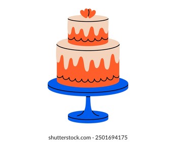 Hand drawn cute cartoon illustration of wedding cake with hearts. 14 February pie. Flat vector marriage party dessert doodle style. Valentines day sweet food icon or print. Romantic event. Isolated.