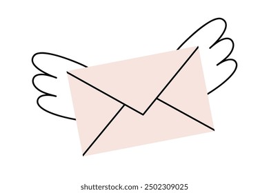 Handgezeichnete süße Cartoon Illustration Mail mit Umrissflügeln. Flat Vektor wichtige Nachrichten Brief doodle Stil. Symbol für fliegende Nachricht, Drucken. Geschäftliche E-Mail-Zustellung. Kommunikationsbenachrichtigung. Einzeln.