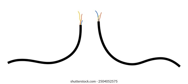 Hand drawn cute cartoon illustration of broken electric wire. Flat vector disconnected damaged energy cord doodle style. Short circuit. System network error 404 icon. Not found mistake. Isolated.