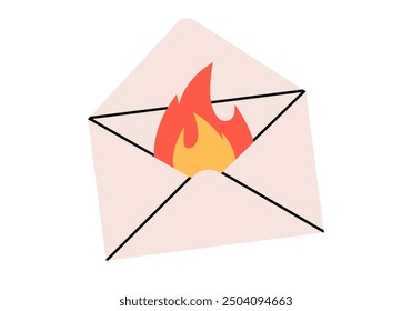 Handgezeichnete süße Cartoon-Illustration von Umschlag mit Feuer im Inneren. Flacher Vektor-E-Mail-Brief mit heißem Nachrichtenaufkleber im farbigen Doodle-Stil. Schnelles Lieferservice-Symbol oder Ausdruck. Dringende Nachricht. Einzeln