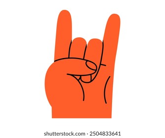 Hand drawn cute cartoon illustration of devil horns hand gesture. Flat vector heavy metal human arm sign sticker in doodle style. Rock on festival icon. Music concert communication. Isolated.