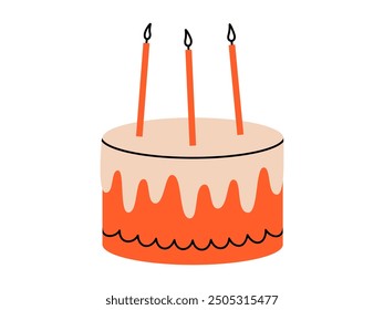 Hand drawn cute cartoon illustration of birthday cake with candles. Anniversary pie. Flat vector celebration party dessert doodle style. Invitation sweet food icon or print. Holiday event. Isolated.