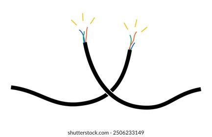 Dibujado a mano linda ilustración de dibujos animados de alambre eléctrico de chispa rota. Vector plano desconectado cordón de energía dañado doodle. Cortocircuito. Icono 404 de error de red del sistema. Error no encontrado. Aislado.