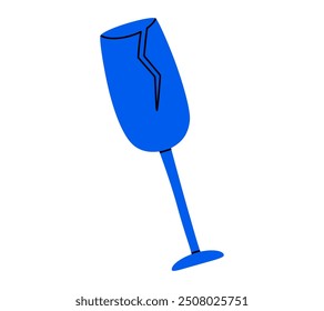 Hand drawn cute cartoon illustration broken wineglass. Flat vector dinnerware with crack in doodle style. Alcoholism or heavy drinking. Fragile material icon. Crisis or stress concept. Isolated.