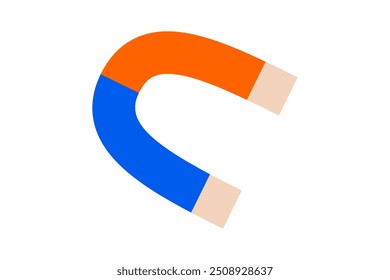 Hand drawn cute cartoon illustration of magnet. Flat vector attraction force symbol in doodle style. Magnetic power icon or print. Tool with two poles. Physics education. Back to school. Isolated.