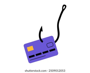 Hand drawn cute cartoon illustration of fishing hook with credit card. Flat vector cash stealing in doodle style. Money theft crime icon. Bank account fraud or scam. Phishing attack. Greed. Isolated.