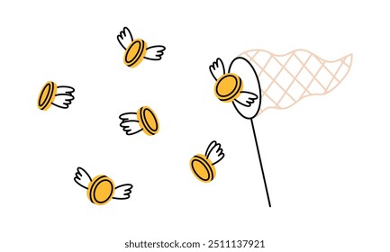 Handgezeichnete süße Cartoon-Illustration Münze mit Umrissflügeln und Schmetterlingsnetz. Flat Vektor Fliegen Geld Aufkleber doodle. Geld ausgeben, Ikone der Finanzkrise. Einkommen, Erfolg oder Wohlstand. Einzeln.