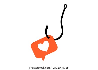 Hand drawn cute cartoon illustration of speech bubble with heart on fishing hook. Flat vector falling in love message doodle. Abusive relationships. Social media addiction icon. Dating app. Isolated.