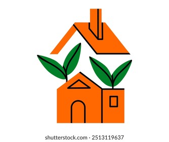 Hand drawn cute cartoon illustration of smart ecology house with green plant. Flat vector home green energy technology sticker in doodle style. Save power consumption icon. Eco friendly. Isolated.