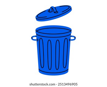 Hand drawn cute cartoon illustration of big garbage can with open lid. Flat vector trash bin, environmental pollution design in colored doodle style. Ecology sticker, icon. Rubbish disposal. Isolated.