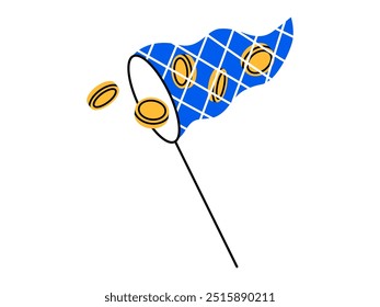 Hand drawn cute cartoon illustration of coin in butterfly net. Flat vector catch flying money sticker doodle. Spend money, financial crisis icon. Income, success or wealth. Isolated.