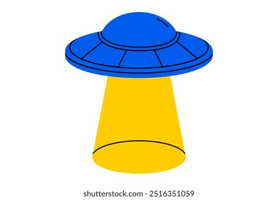 Hand drawn cute cartoon illustration UFO with light ray. Flat vector alien space ship doodle. Futuristic flying saucer. Unidentified flying object. System error 404 icon. Not found mistake. Isolated.