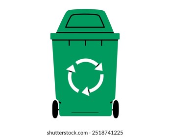 Handgezeichnete süße Cartoon-Illustration von grünen Mülleimer mit Rad. Flat Vektor Recycling Mülleimer, Umweltverschmutzung Design im Doodle-Stil. Ökologie-Aufkleber, Ikone. Abfallsortierung. Einzeln.