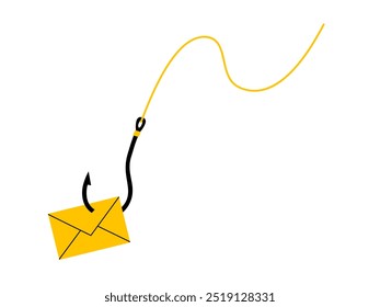 Hand drawn cute cartoon illustration of fishing hook and fishing line with mail. Flat vector online virus letter doodle. Theft crime icon or print. Fraud scam email message. Phishing attack. Isolated.