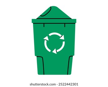 Hand drawn cute cartoon illustration of green garbage can with wheel. Flat vector recycling trash bin, environmental pollution design in doodle style. Ecology sticker, icon. Waste sorting. Isolated.