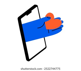 Dibujado a mano linda ilustración de dibujos animados mano de la pantalla del teléfono con el corazón. Vector plano amor y ayuda a la caridad doodle. Relaciones en línea. Icono de adicción a las redes sociales. Donación, voluntario. Aislado.