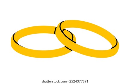 Hand drawn cute cartoon illustration of golden wedding rings. Flat vector engagement rings sticker doodle style. Propose and marriage. Valentine's Day and love concept icon. Vow and promise. Isolated.