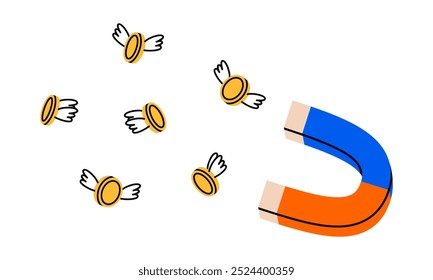 Hand drawn cute cartoon illustration of magnet attracts coin with outline wings. Flat vector catch flying money sticker doodle. Spend money, financial crisis icon. Income, success or wealth. Isolated.