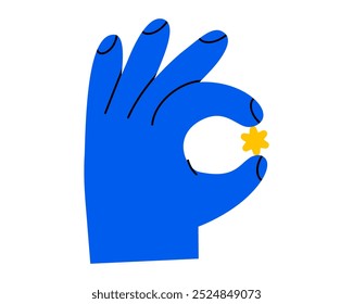 Handgezeichnete süße Cartoon-Illustration von Hand mit Rating-Stern. Flaches Vektorlesezeichen in menschlichem Armaufkleber im Doodle-Stil. Lieblings- oder beliebte Inhalte. Benutzerdatei-Tag-Symbol oder Ausdruck. Einzeln.