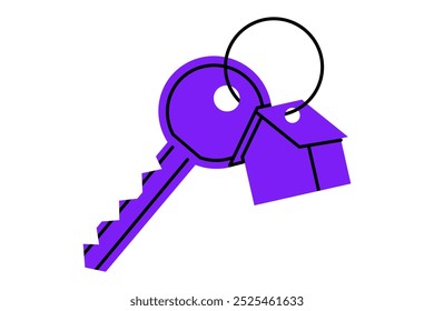 Hand drawn cute cartoon illustration key with house keychain. Flat vector real estate sticker doodle style. Buy or sell building icon or print. Mortgage loan. Housing for rent. Isolated.