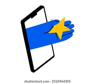 Hand drawn cute cartoon illustration of hand from phone screen with star. Flat vector customer feedback doodle. Online award rating star sticker. Client satisfaction. Digital service quality. Isolated