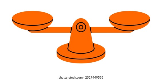 Hand drawn cute cartoon illustration balance scales. Flat vector mass measurement device doodle style. Equal in weight bowls icon or print. Justice and law concept. Equilibrium and control. Isolated.