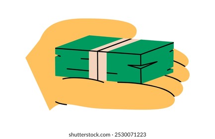Hand drawn cute cartoon illustration hand with banknotes stack. Flat vector money currency sticker in colored doodle style. Salary in arm. Bill payment icon or print. Investment or business. Isolated.