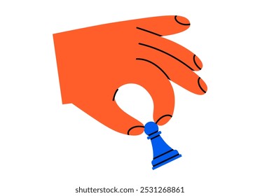 Hand drawn cute cartoon illustration of hand with pawn. Flat vector chess figure in arm doodle style. High ambitions. Strategy or intelligence icon. Tactic thinking. Board game. Isolated.