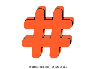 Hand drawn cute cartoon illustration of hashtag. Flat vector number sign or pound sign doodle. Online promotion. Social media post metadata icon or sticker. Communication app. Isolated.