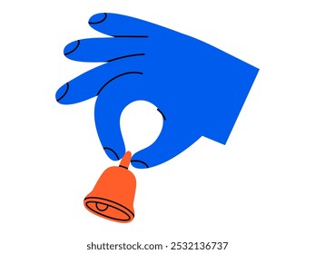 Hand drawn cute cartoon illustration hand with notification bell. Flat vector attention message doodle style. Online reminder concept. Social media icon. Communication app. Chat notification. Isolated